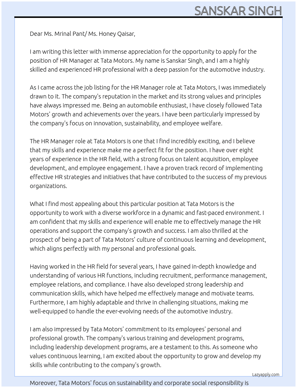 Hr manager At Tata motors Cover Letter
