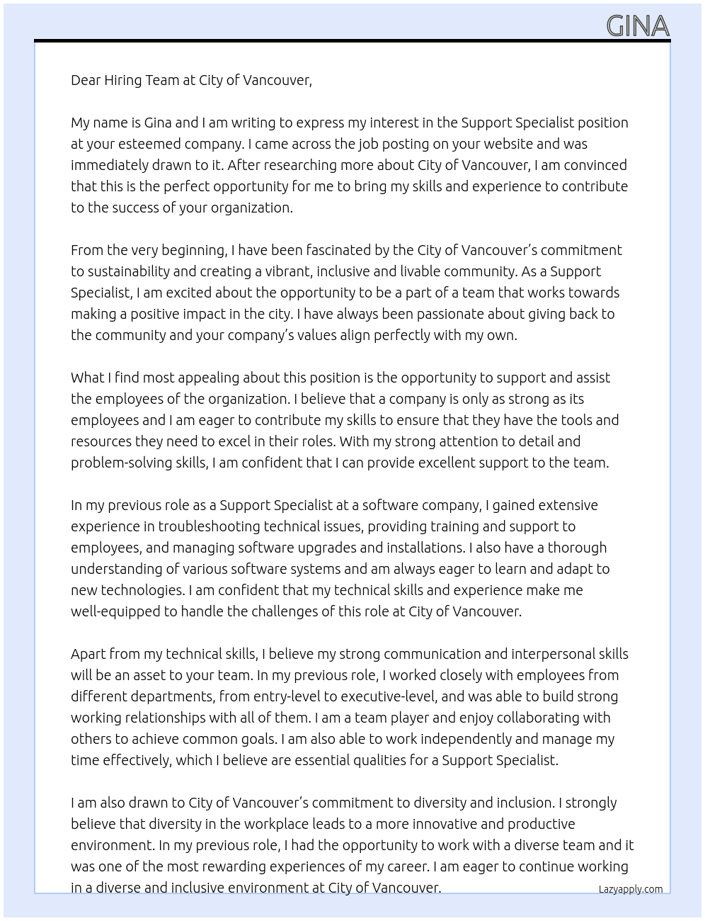 Support Specialist At City of Vancouver Cover Letter