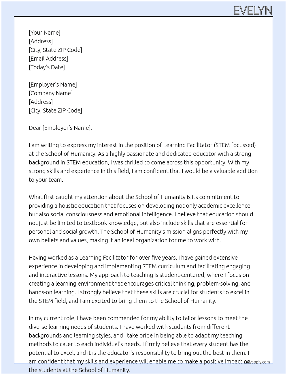 Learning Facilitator(STEM focussed) At School of Humanity Cover Letter