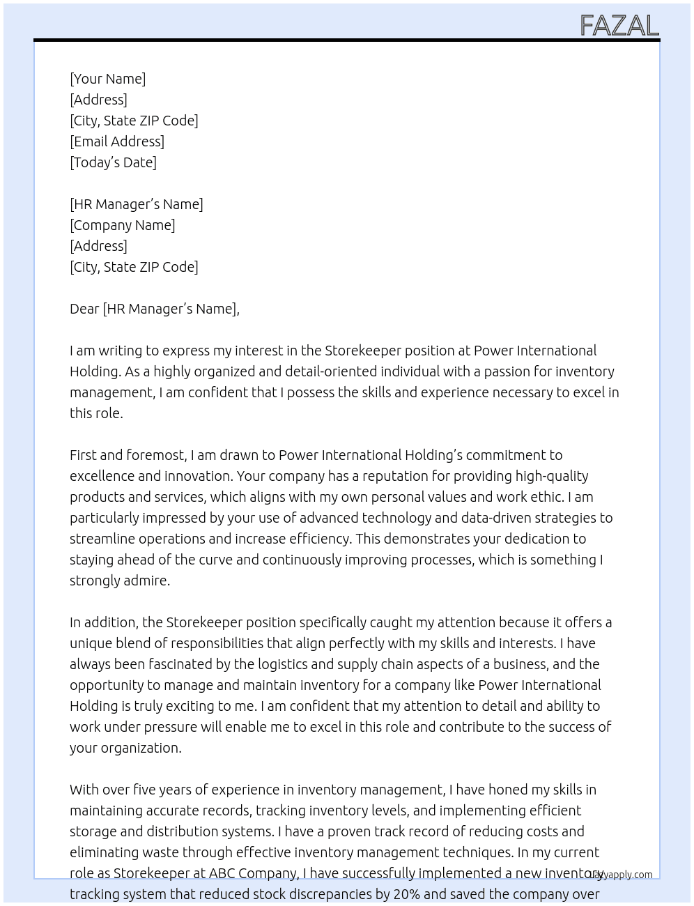 Storekeeper At power International Holding Cover Letter
