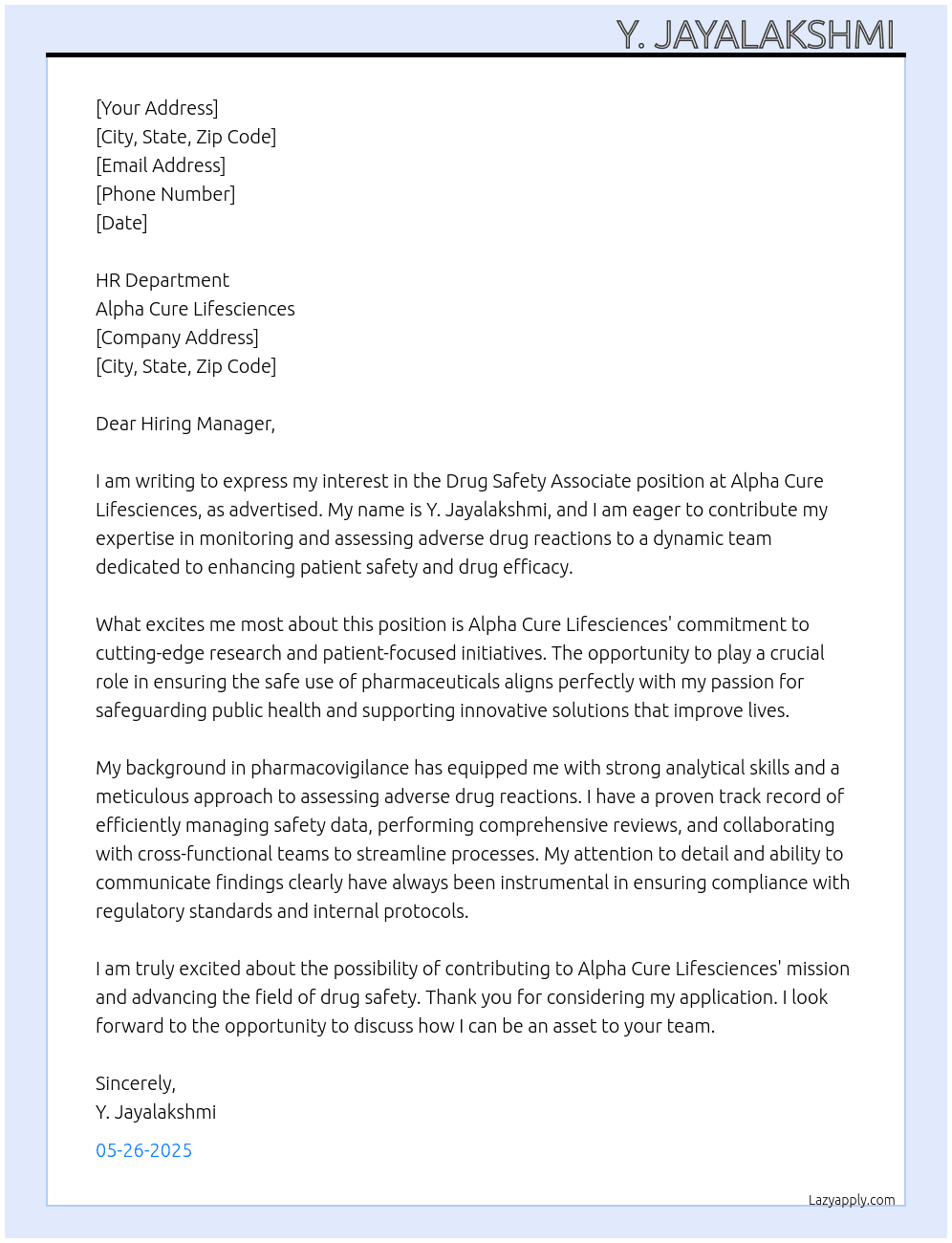 drug safety associate At Alpha Cure Lifesciences Cover Letter
