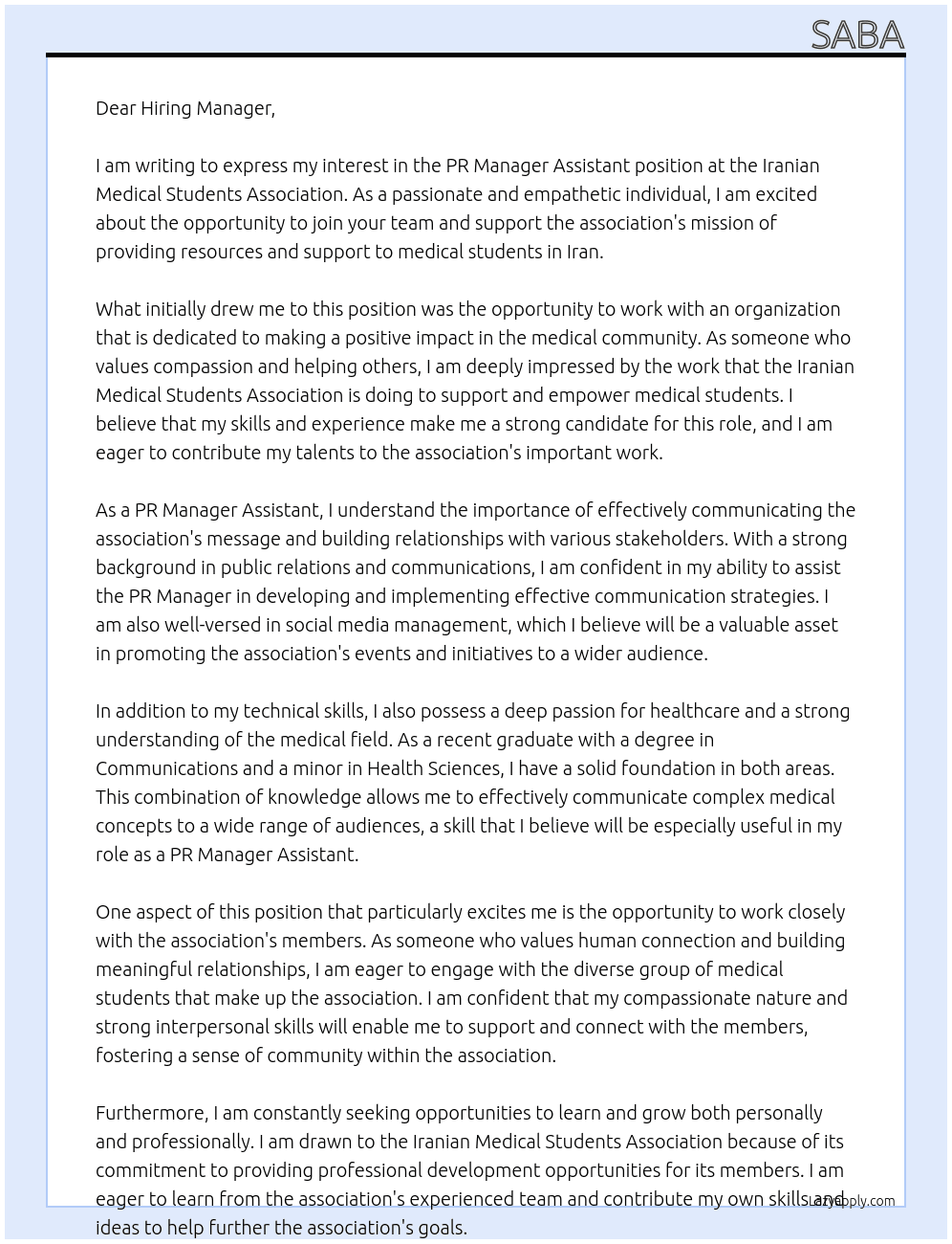 PR manager assistant  At Iranian medical students association  Cover Letter