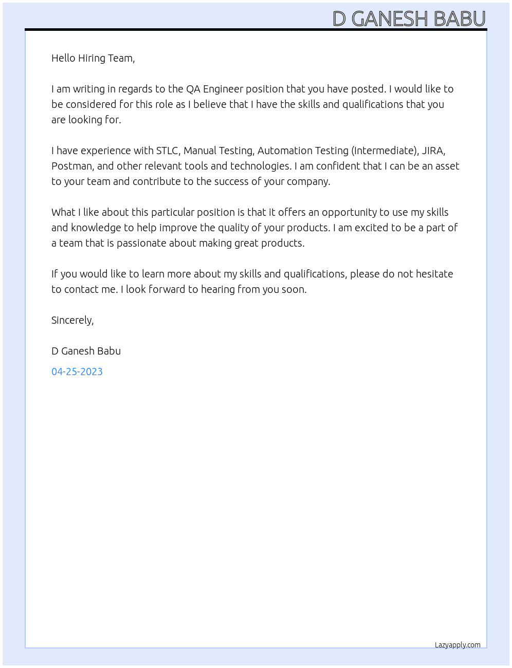 QA Engineer At CobbleWeb Cover Letter