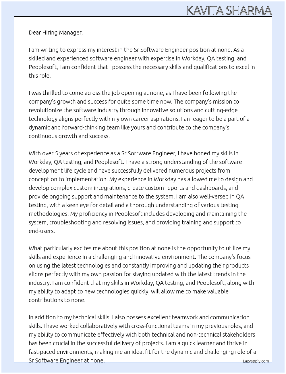 Sr Software Engineer At none Cover Letter