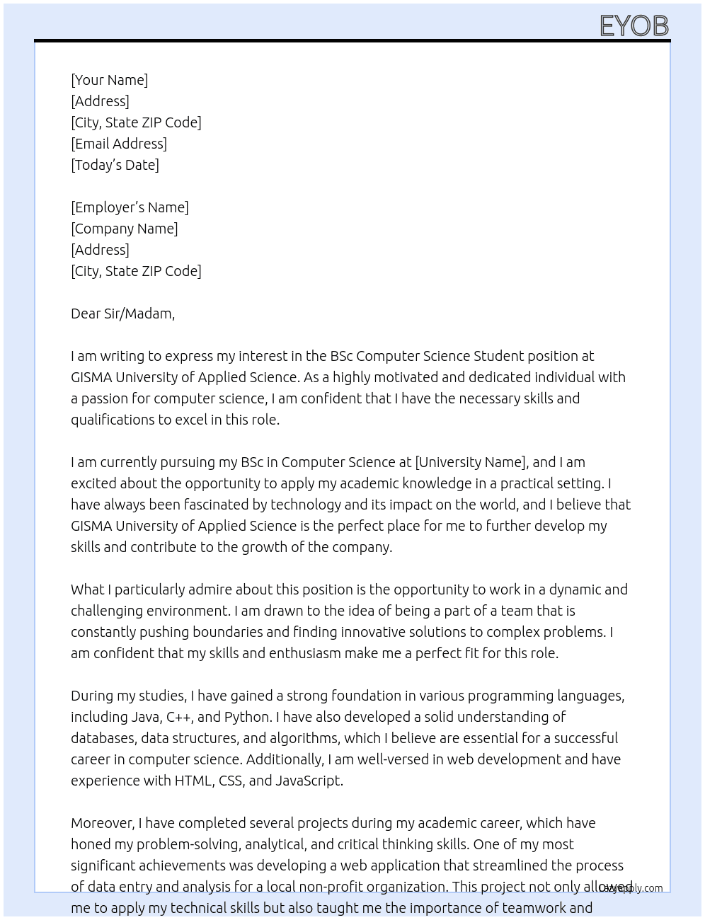 BSc Computer science student At Gisma Unversity of Applied science Cover Letter