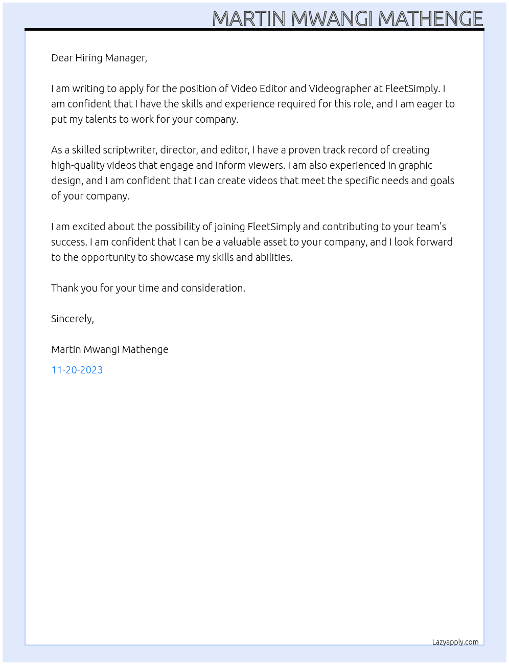 Video editor and videographer At fleetsimply Cover Letter