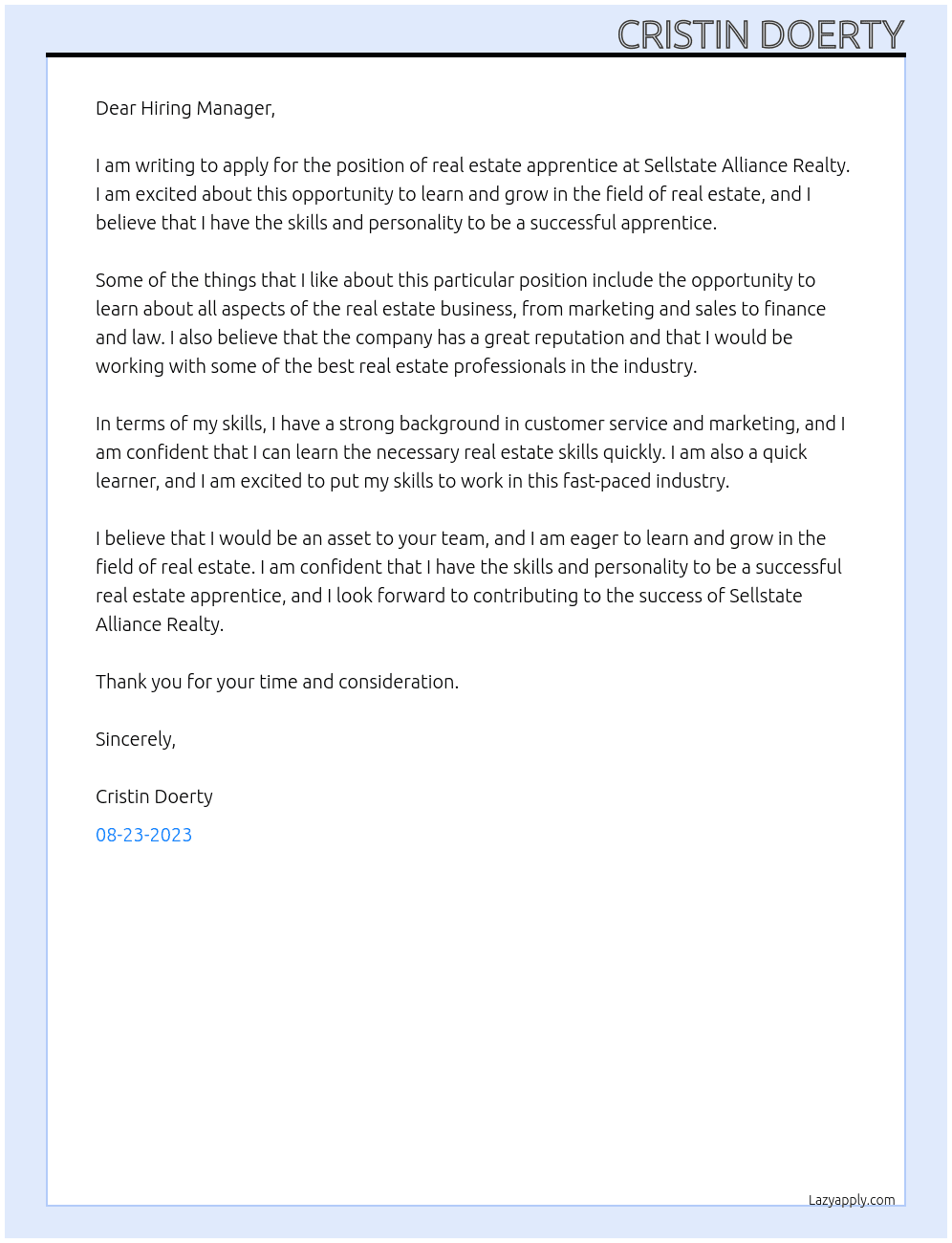 real estate apprentice At Sellstate Alliance Realty Cover Letter