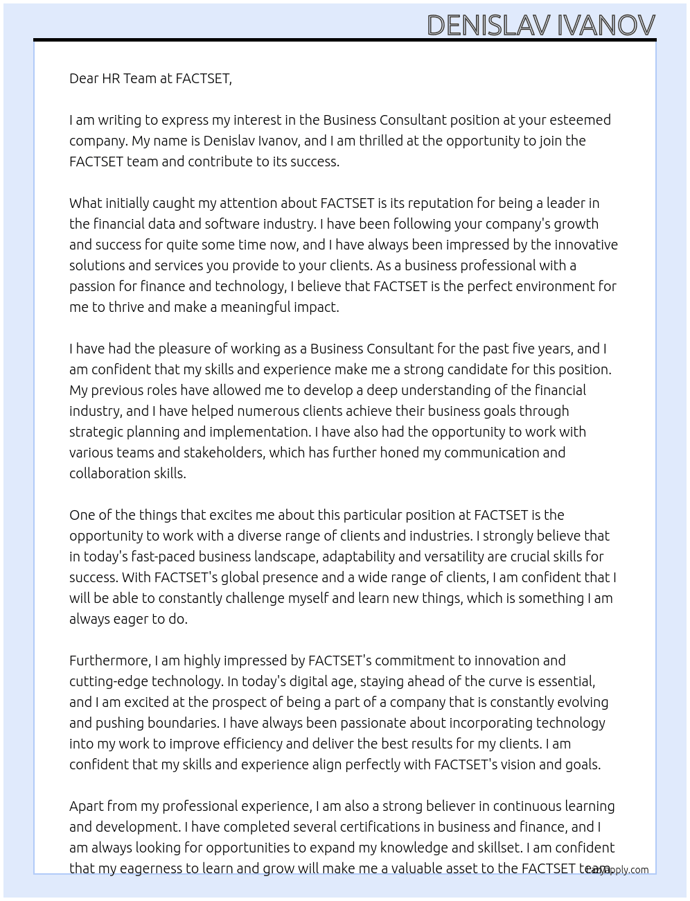 Business Consultant  At FACTSET Cover Letter