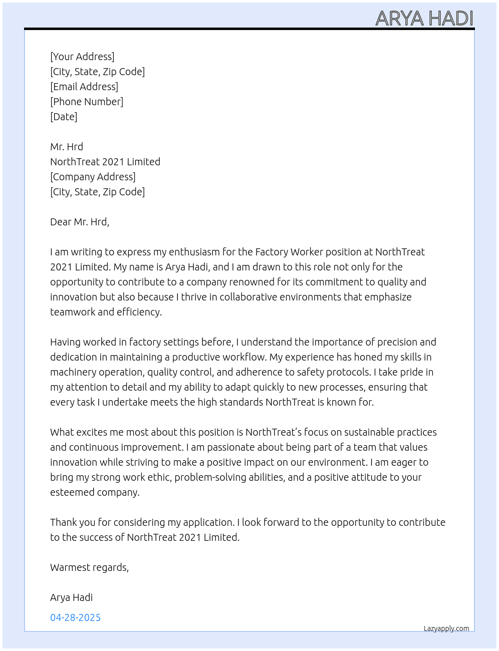 Factory worker At NorthTreat 2021 Limited Cover Letter