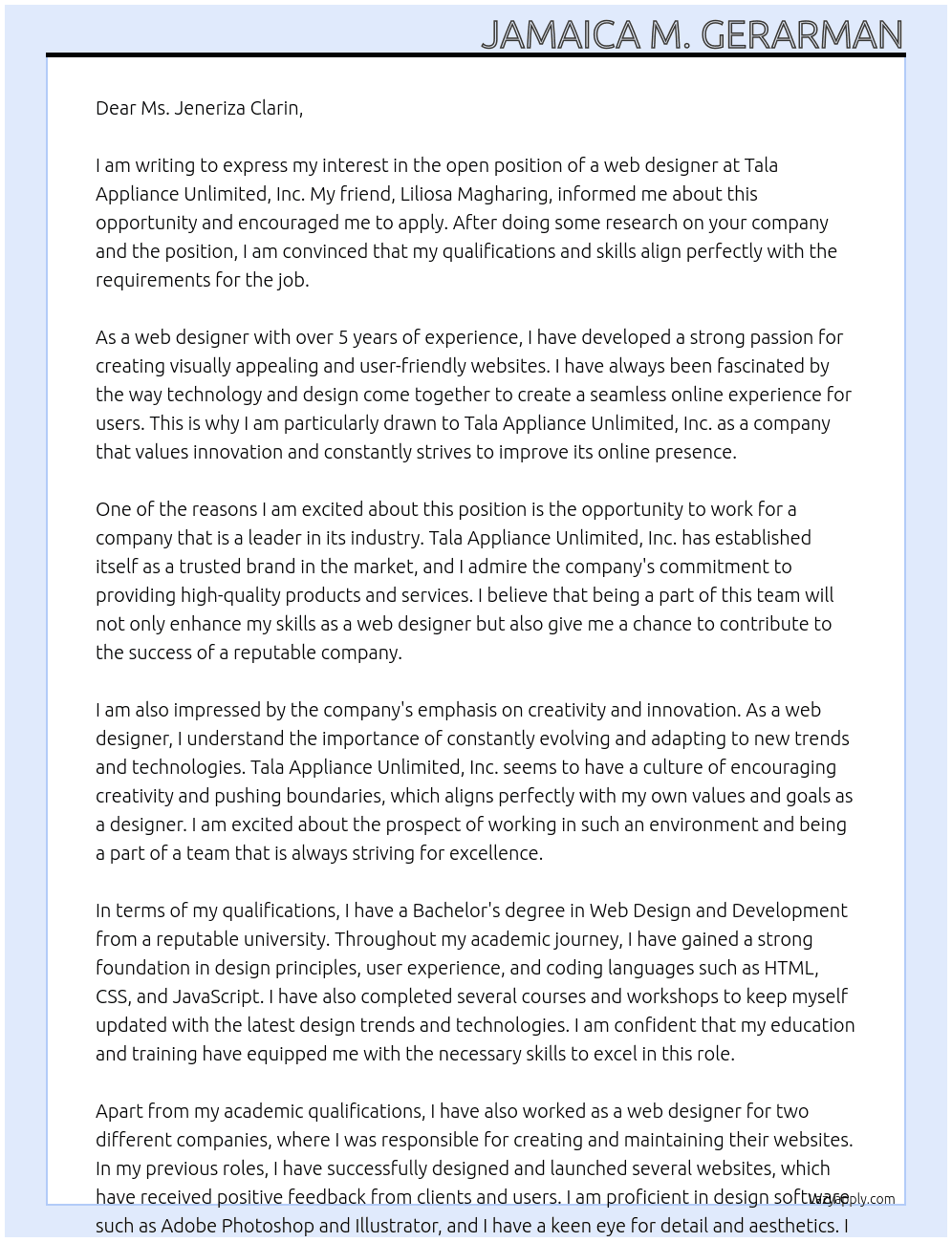 web designer At Tala Appliance Unlimited, Inc. Cover Letter