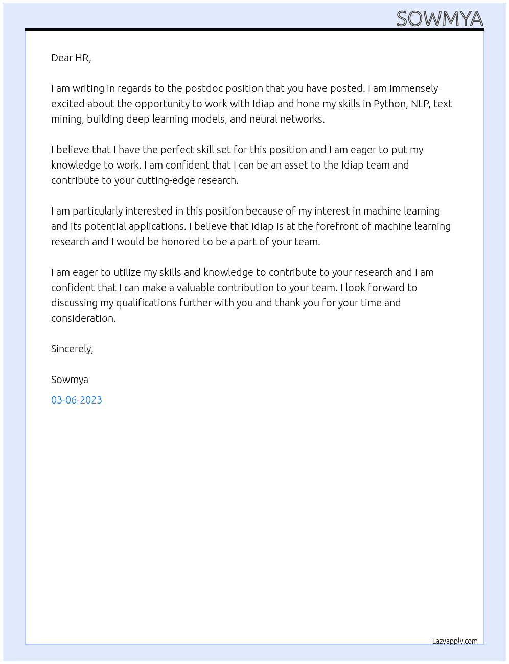 Postdoc At Idiap Cover Letter