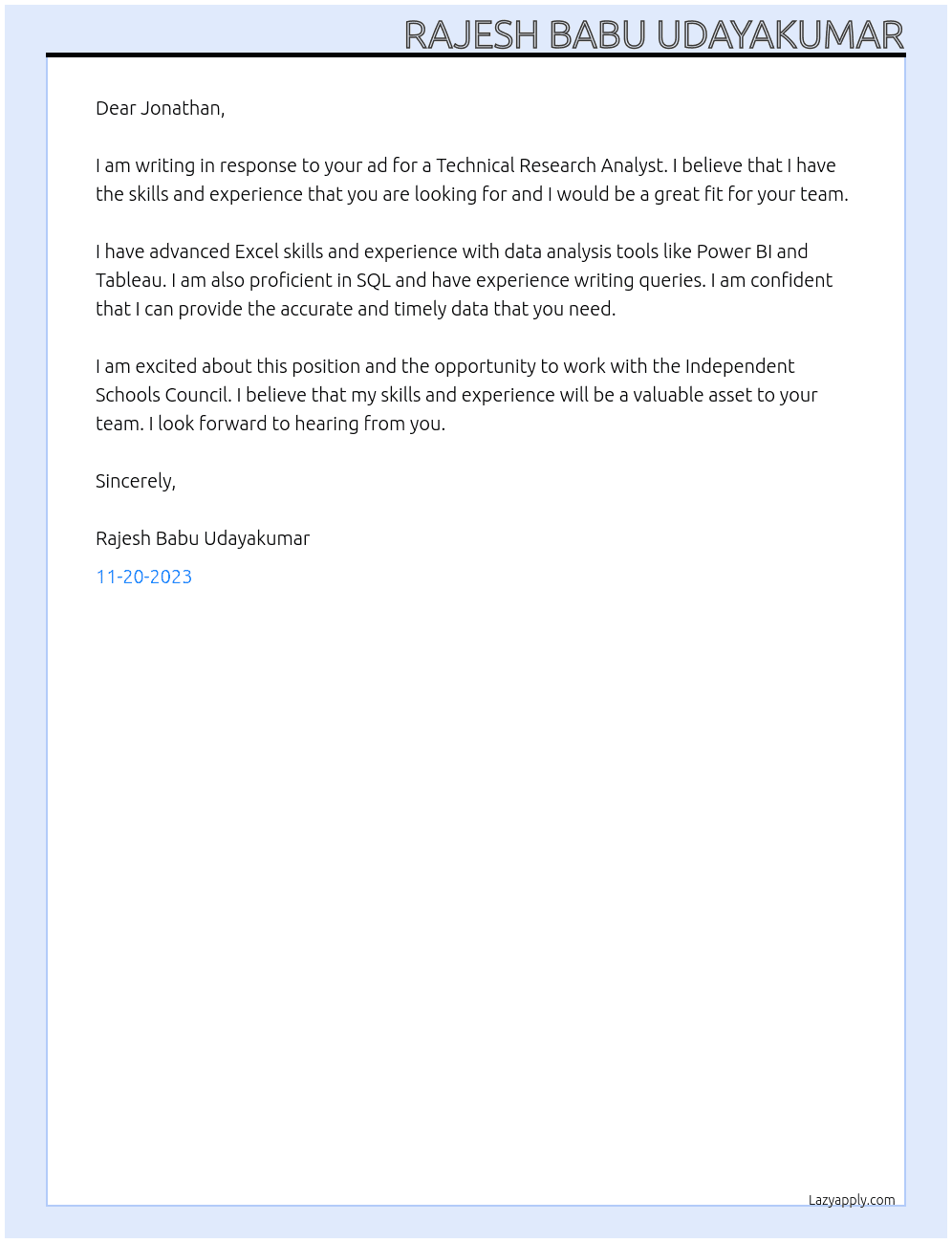 Technical Research Analyst At Independent Schools Council Cover Letter