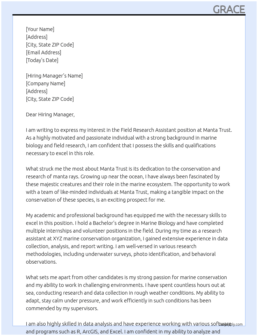 Field Research Assistant At Manta Trust Cover Letter