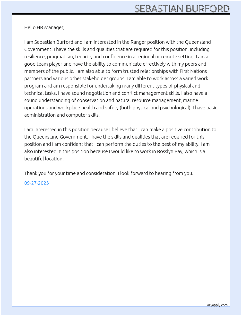 Ranger At Queensland Government Cover Letter