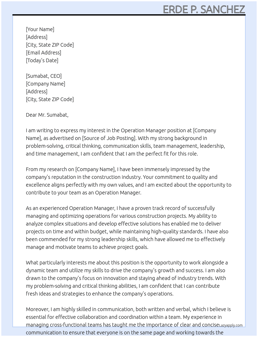 Operation Manager At Construction  Cover Letter