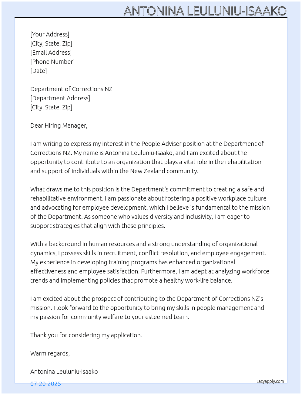 People Adviser At Department of Corrections NZ Cover Letter