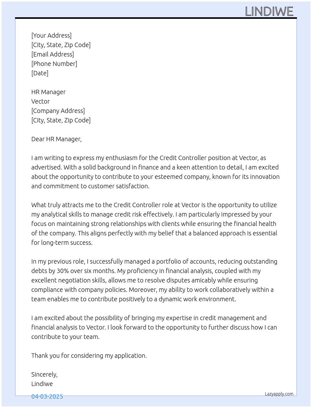Credit controller  At Vector Cover Letter
