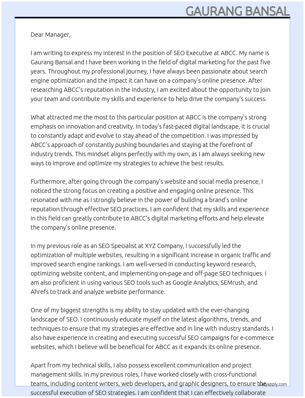 Seo Executive At ABCC Cover Letter