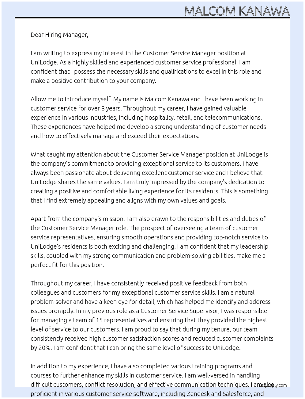 Customer Service Manager At UniLodge Cover Letter