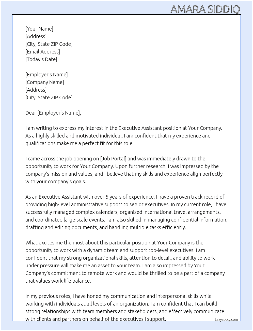 Executive Assistant At Your companh Cover Letter
