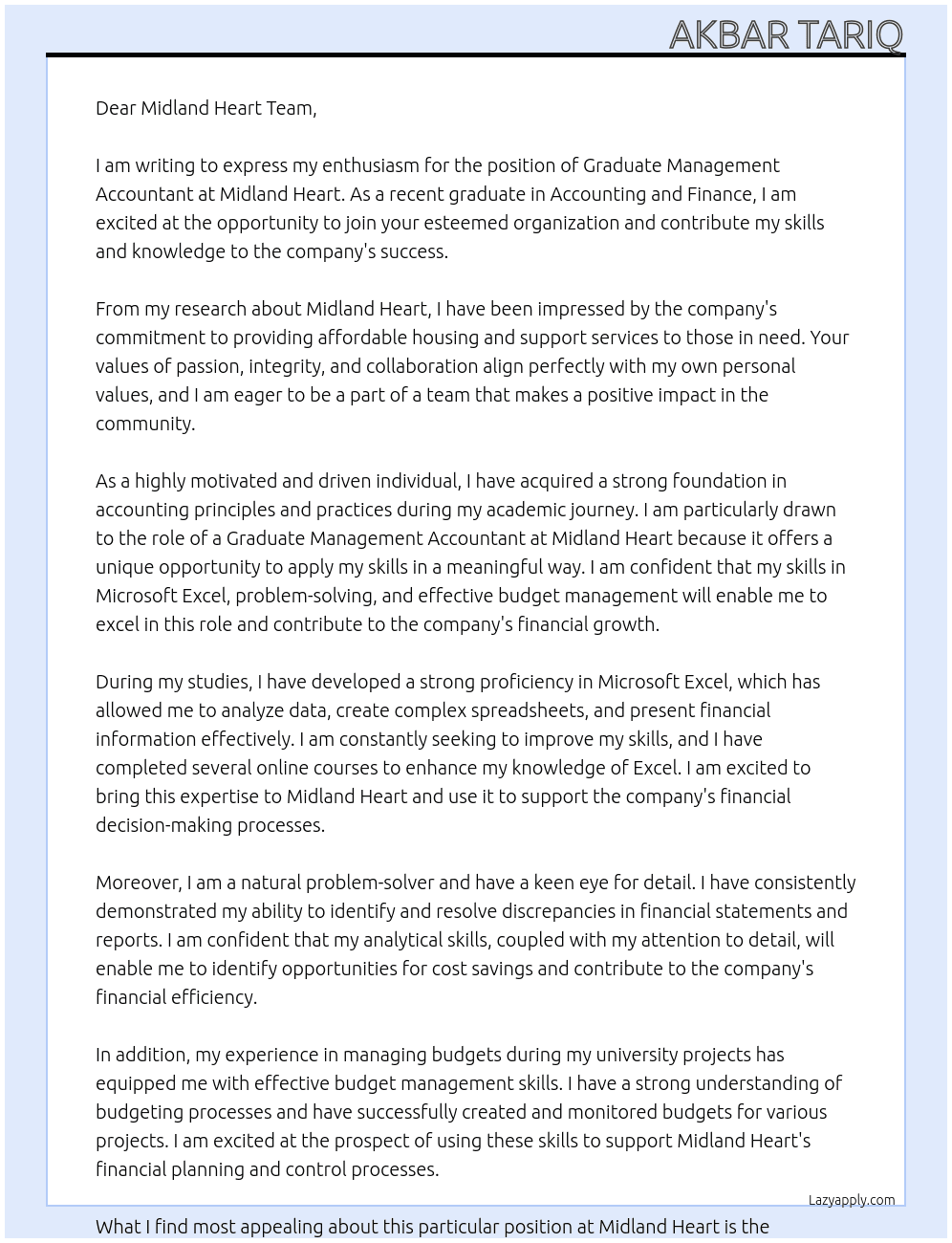 Graduate Management Accountant At Midland Heart Cover Letter
