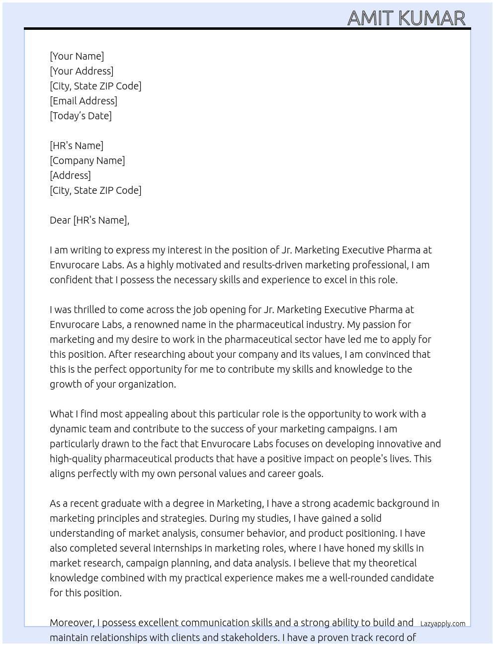 Jr. Marketing Executive Pharma At Envurocare Labs Cover Letter