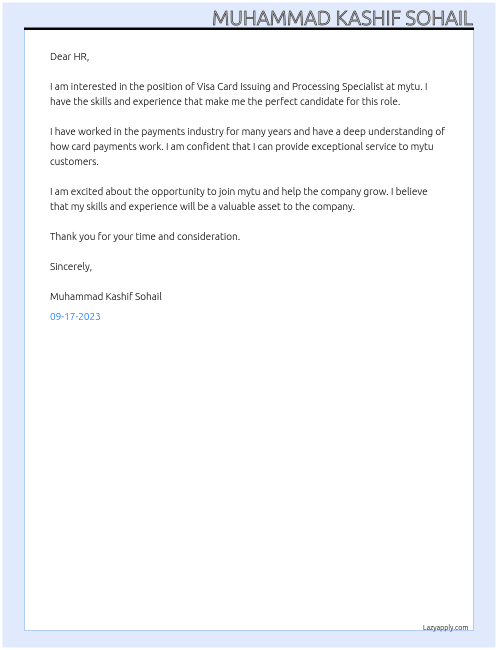Visa Card Issuing and Processing Specialist At mytu Cover Letter