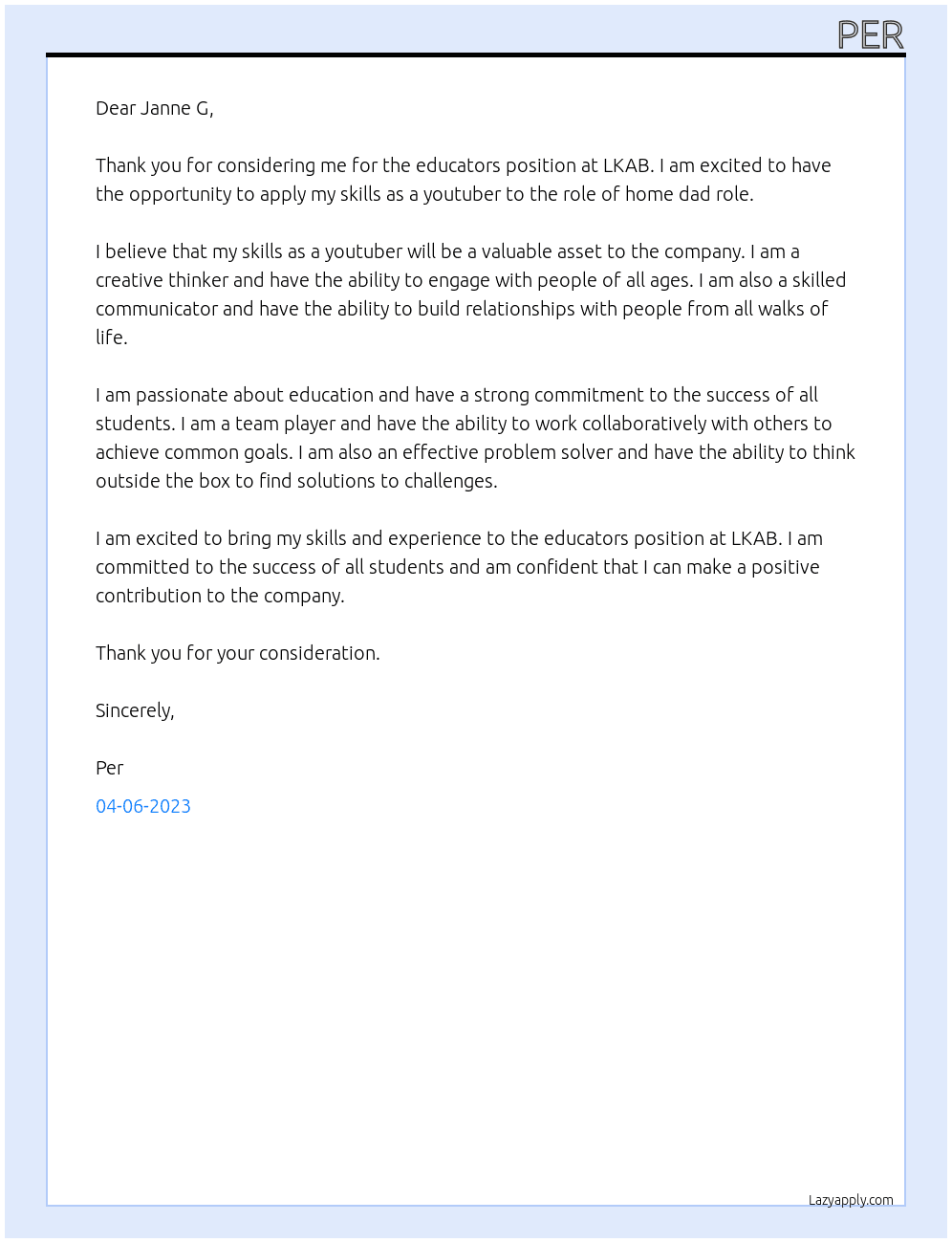 educators At LKAB Cover Letter