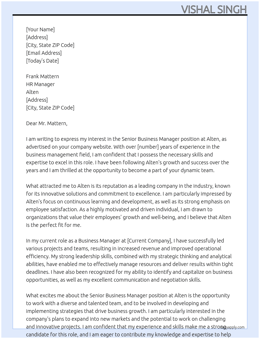 senior business manager At Alten  Cover Letter