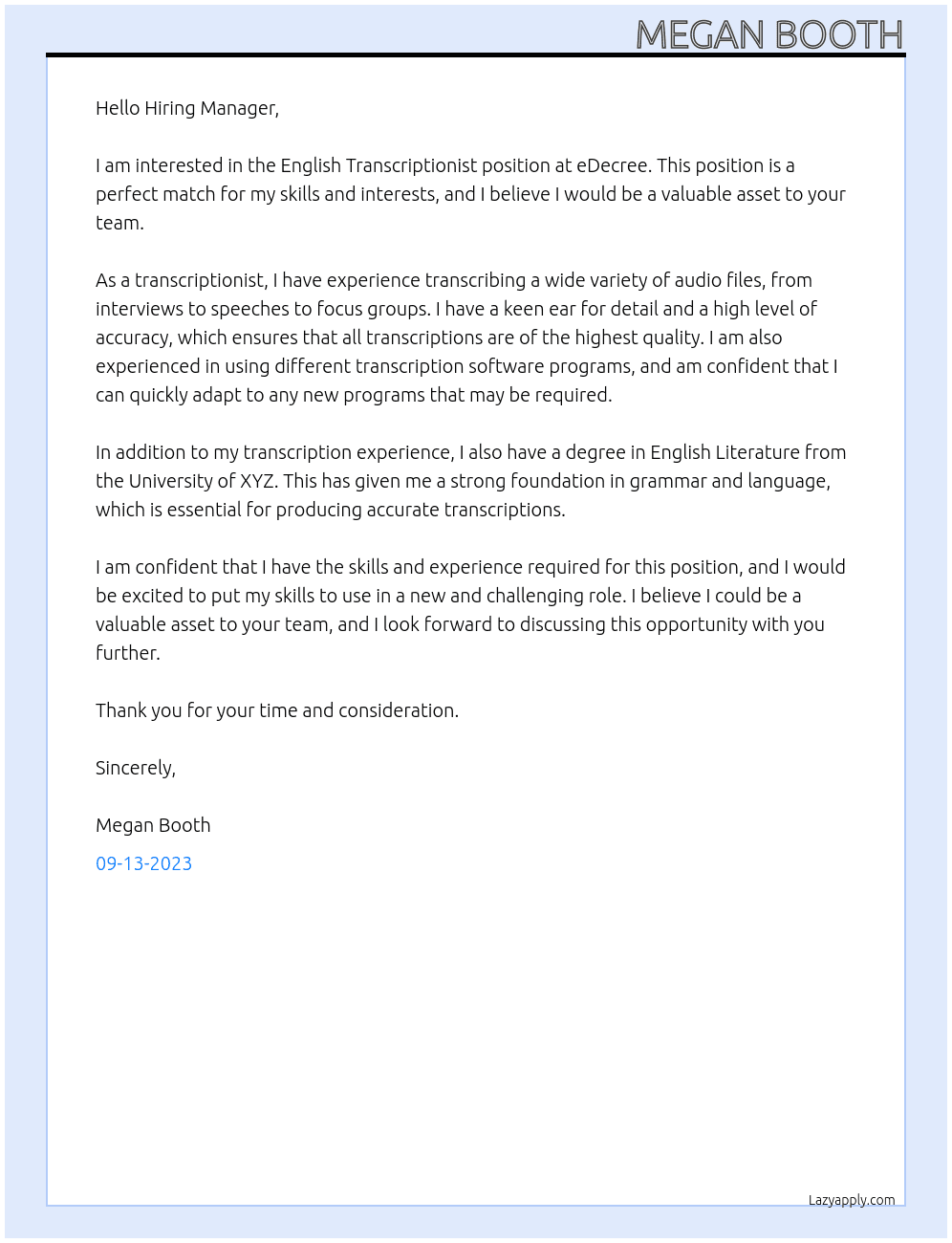 English Transcriptionist At eDecree Cover Letter