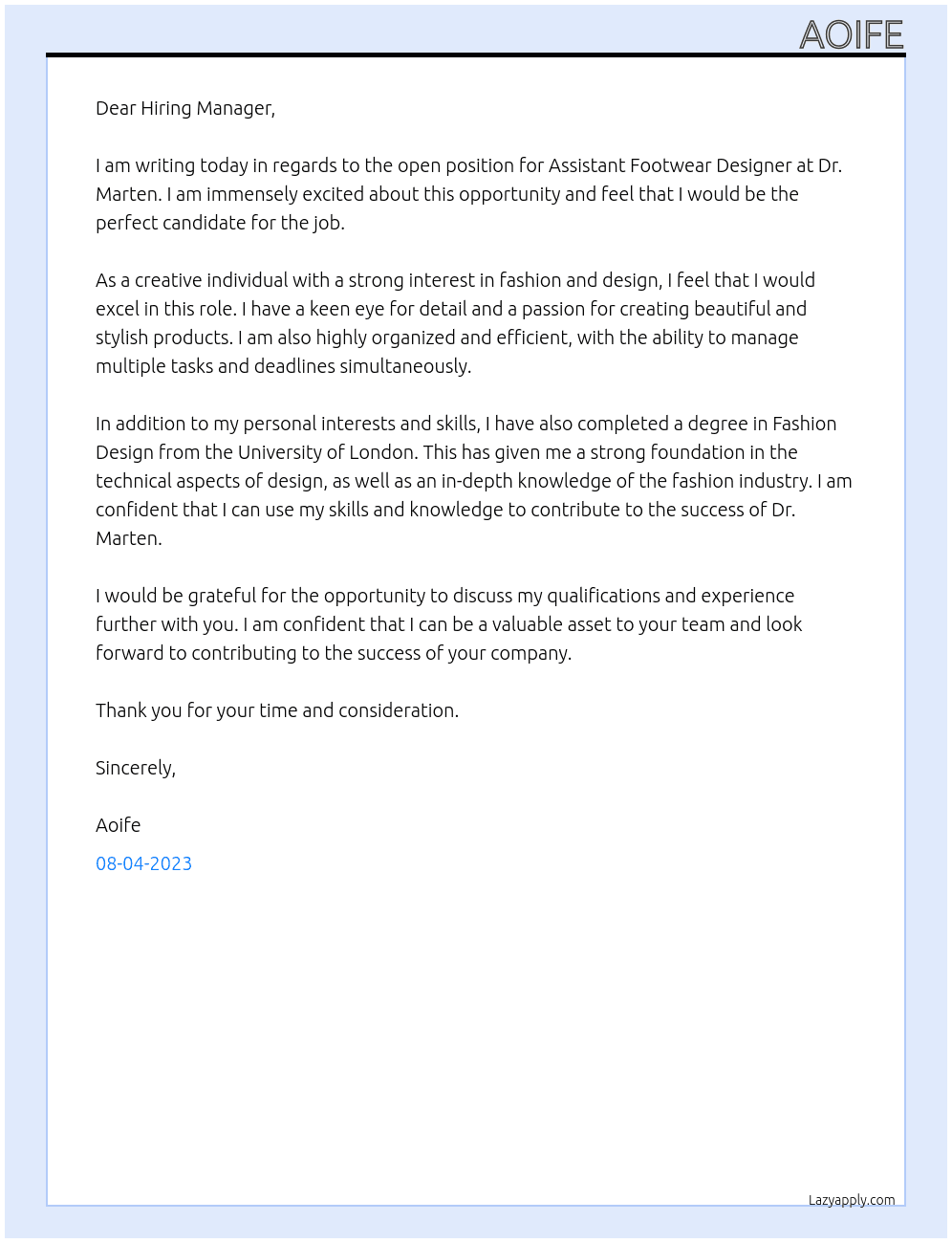 Assistant footwear designer At Dr. Marten Cover Letter