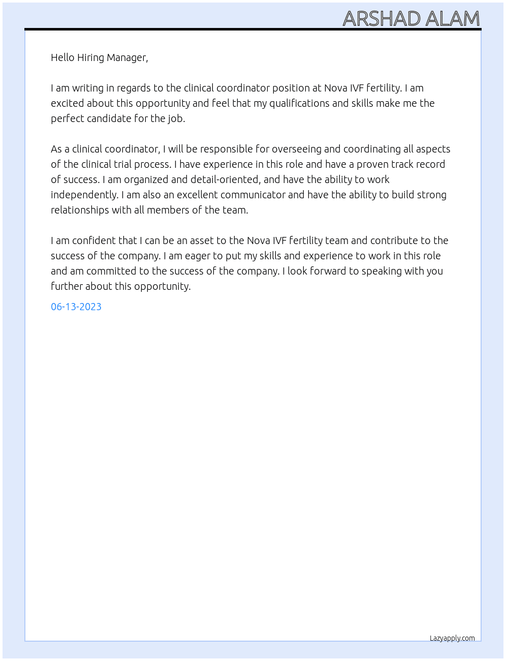 clinical coordinator At Nova IVF fertility Cover Letter