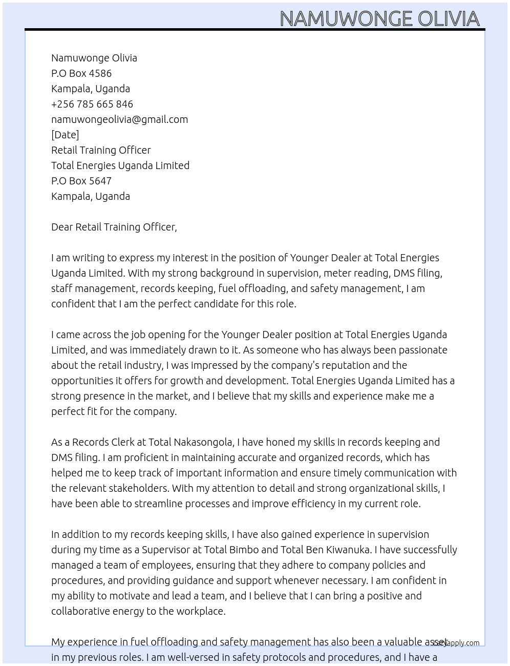 Younger Dealer At Total Energies Uganda limited  Cover Letter