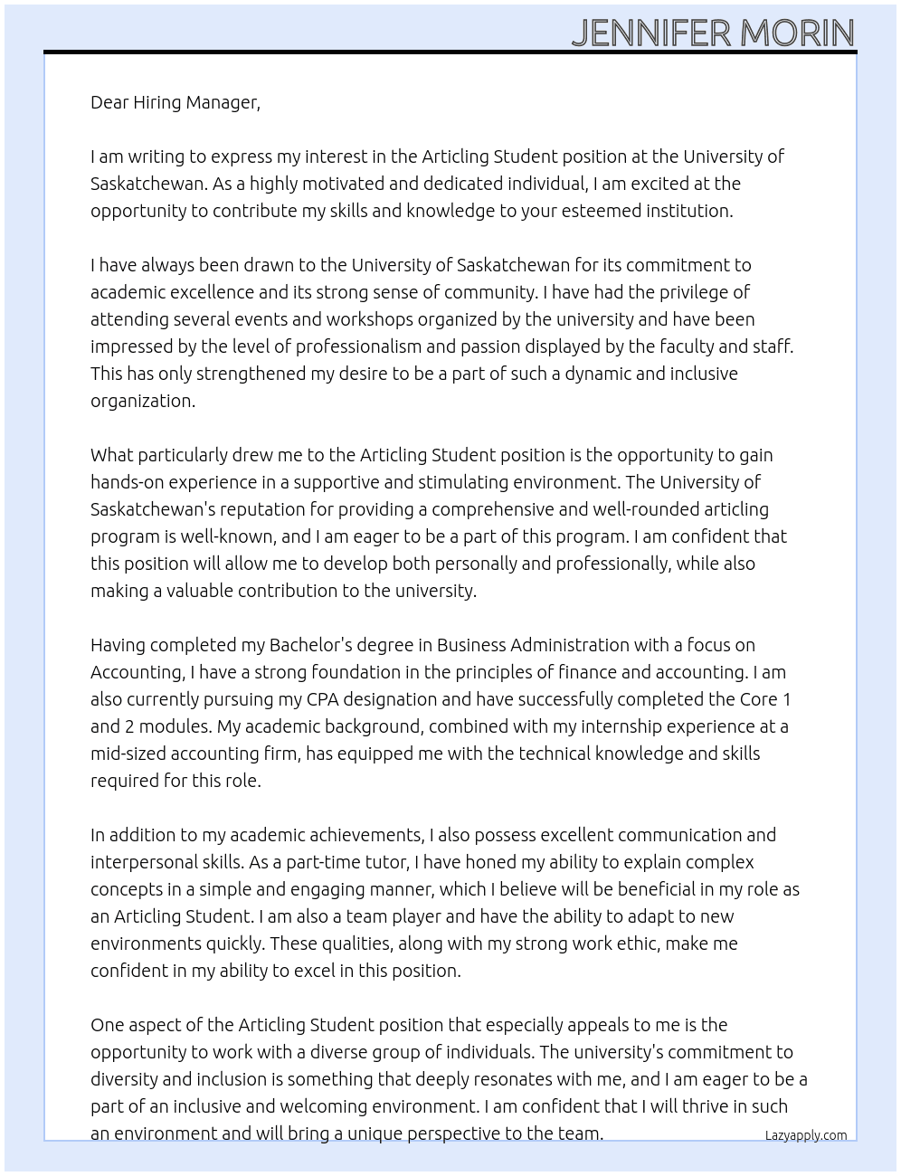 Articling Student At University of Saskatchewan Cover Letter