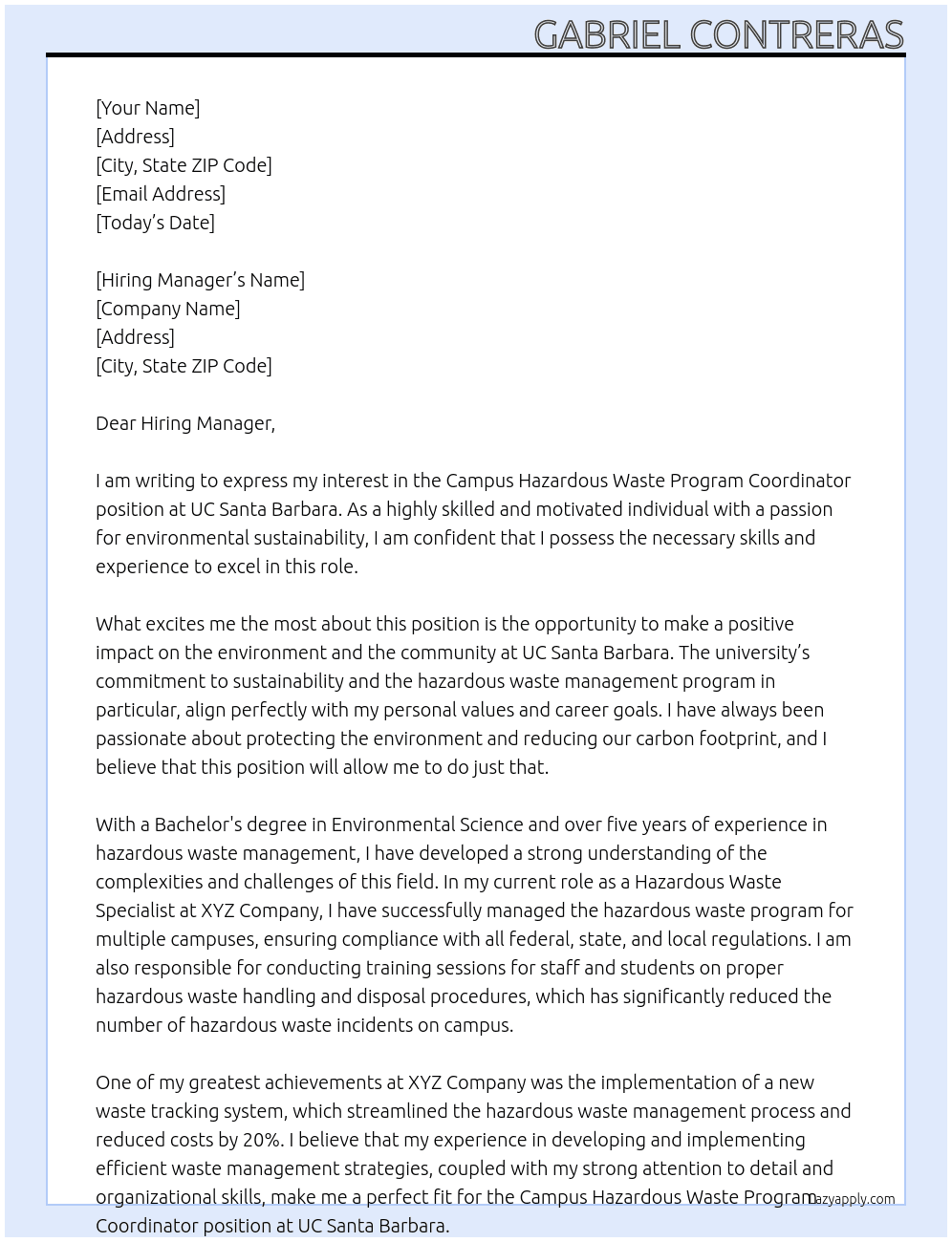 Campus Hazardous Waste Program Coordinator At UC Santa Barbara Cover Letter