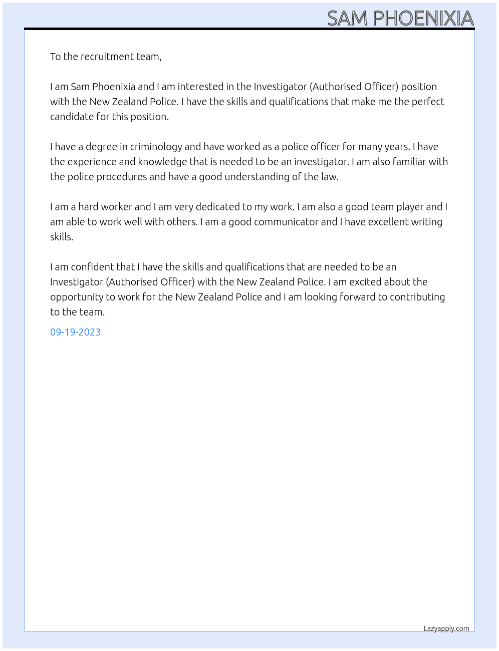 Investigator (Authorised Officer) At New Zealand Police Cover Letter