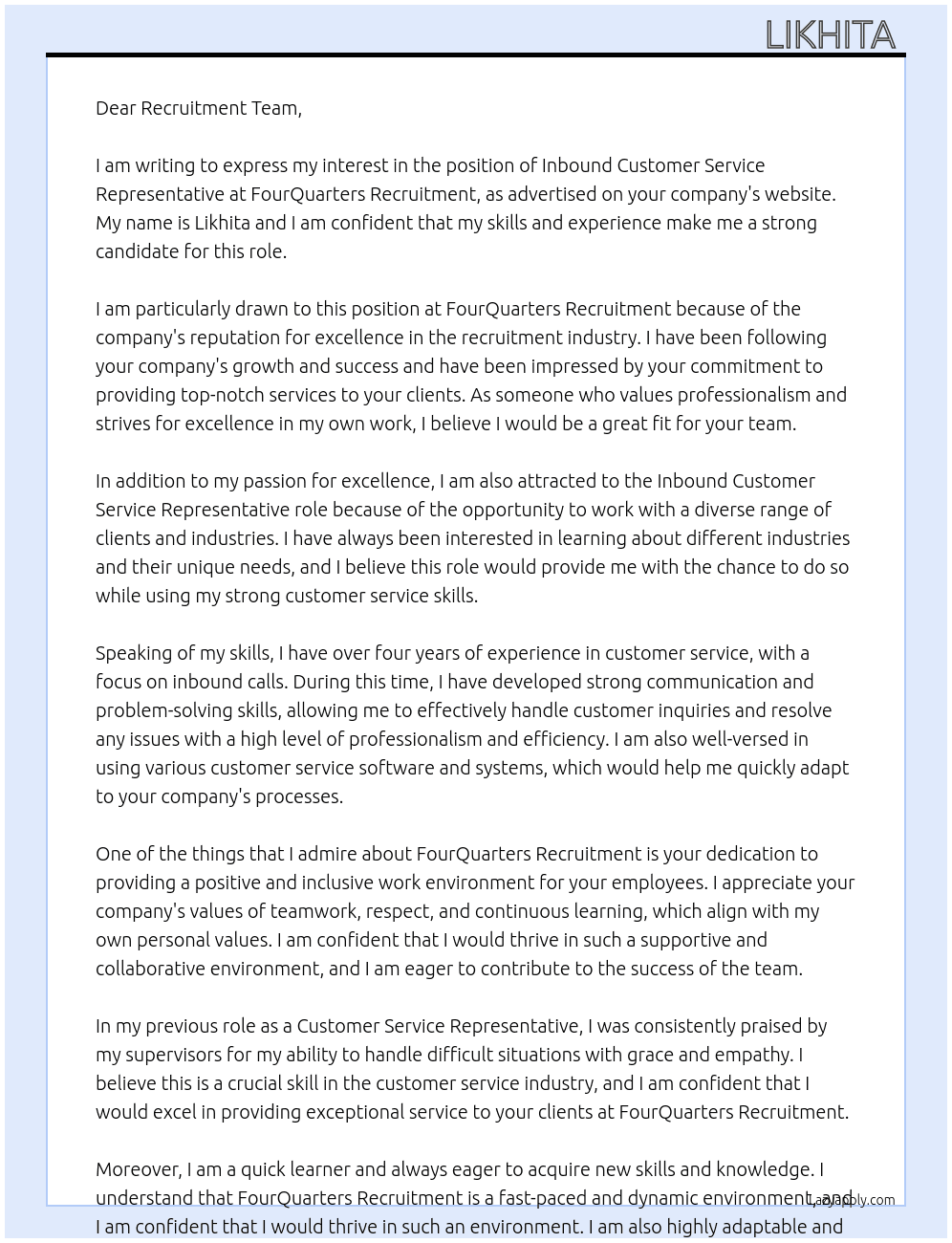 Inbound Customer Service Representatives  At FourQuarters Recruitment Cover Letter