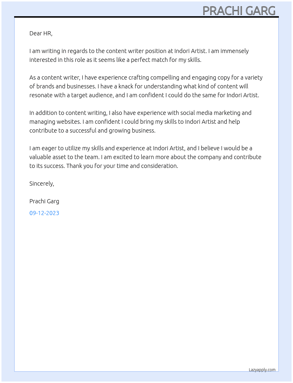 content writer At Indori Artist Cover Letter