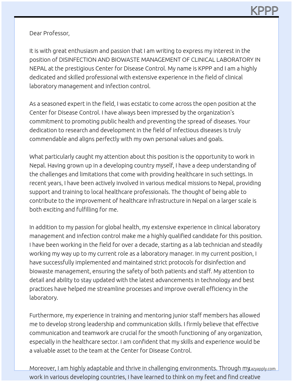 DISINFECTION AND BIOWASTE MANAGEMENT OF CLINICAL LABORATORY IN NEPAL At center for disease control Cover Letter