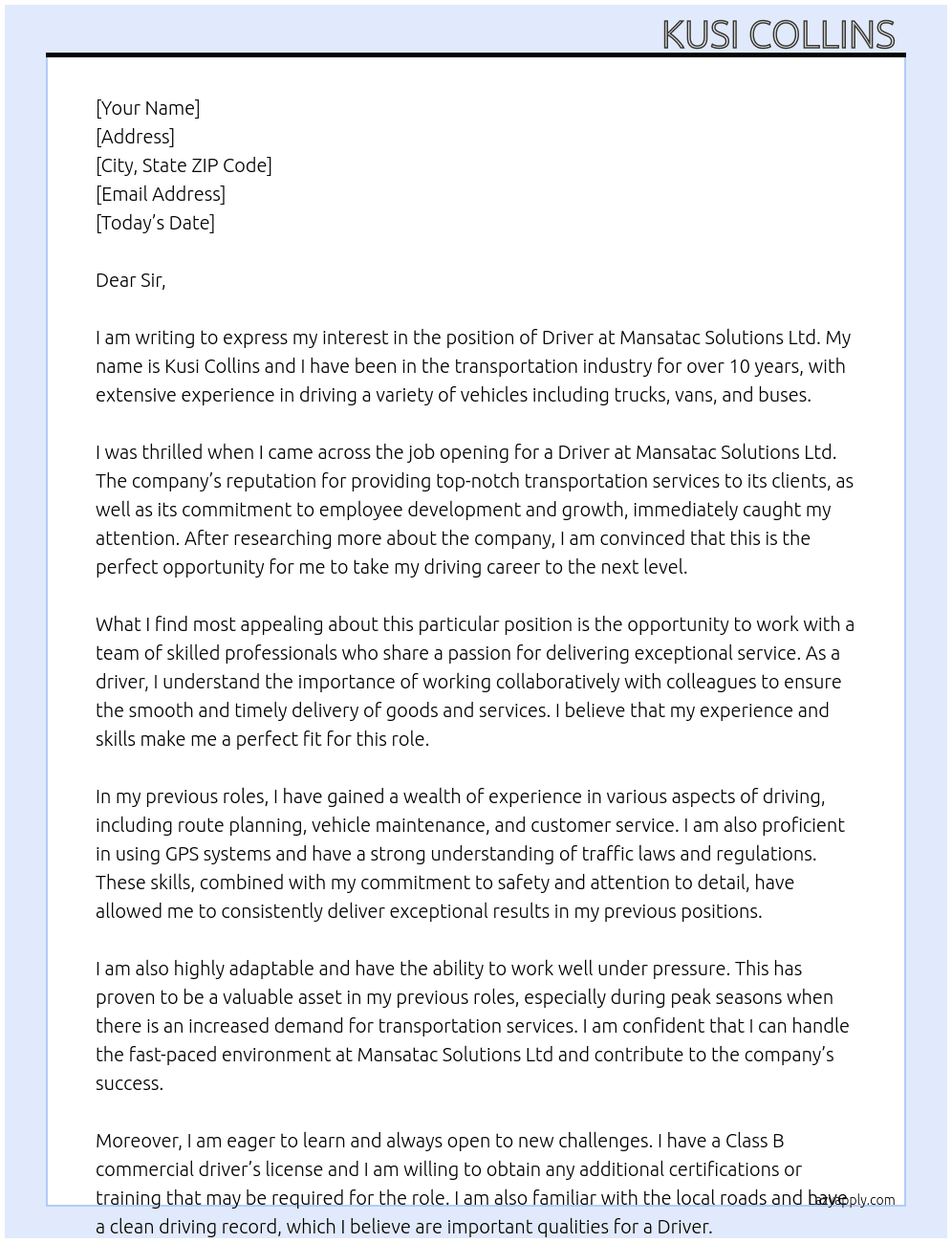 DRIVER At MANSATAC SOLUTIONS LTD  Cover Letter