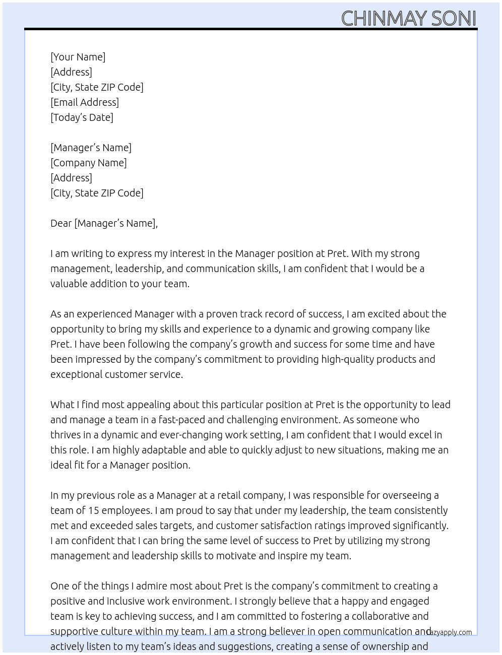 Manager At Pret Cover Letter