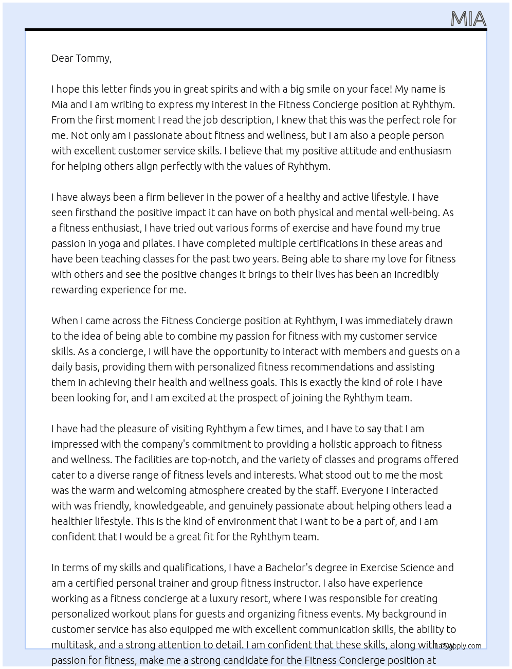 fitness concierge At Ryhthym Cover Letter