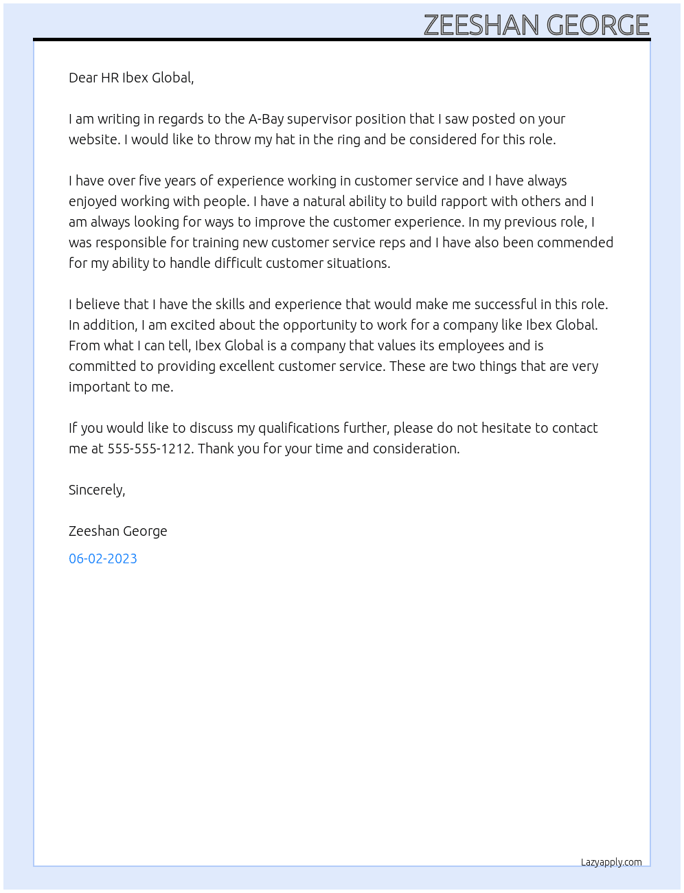 A-Bay supervisor At Ibex Global  Cover Letter