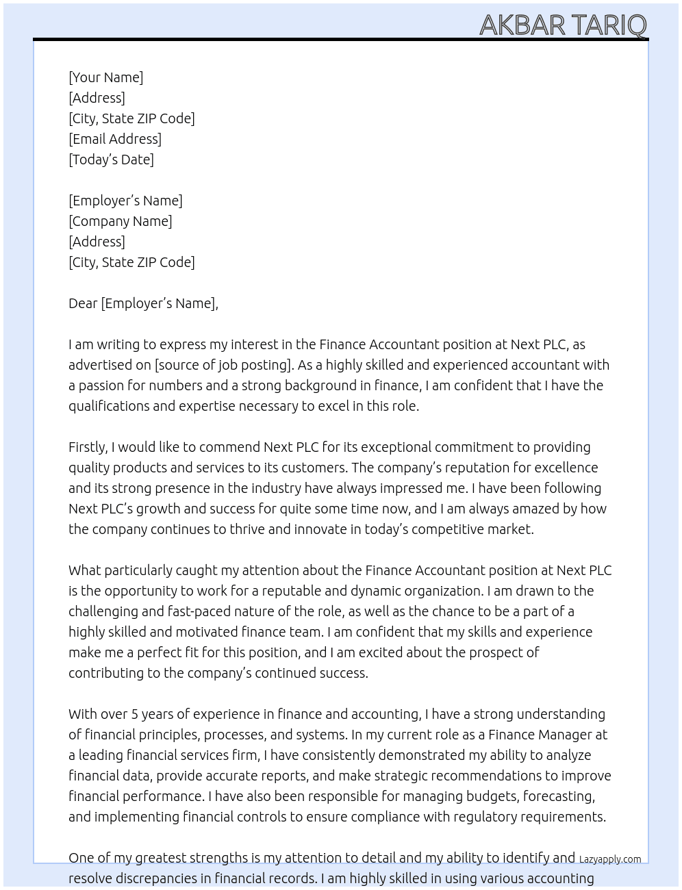 finance accountant At Next PLC Cover Letter