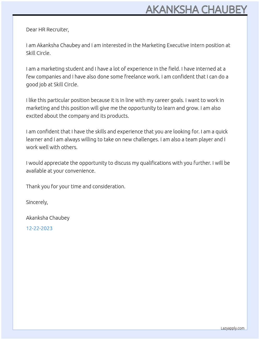Marketing Executive Intern At Skill Circle Cover Letter
