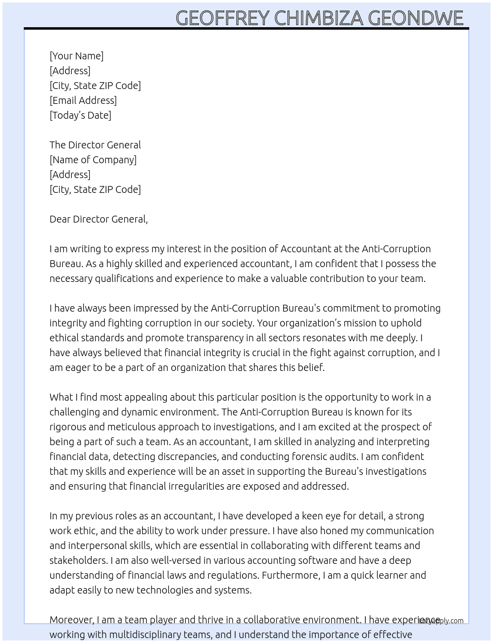 Accountant At Anti-Corruption Bureau Cover Letter