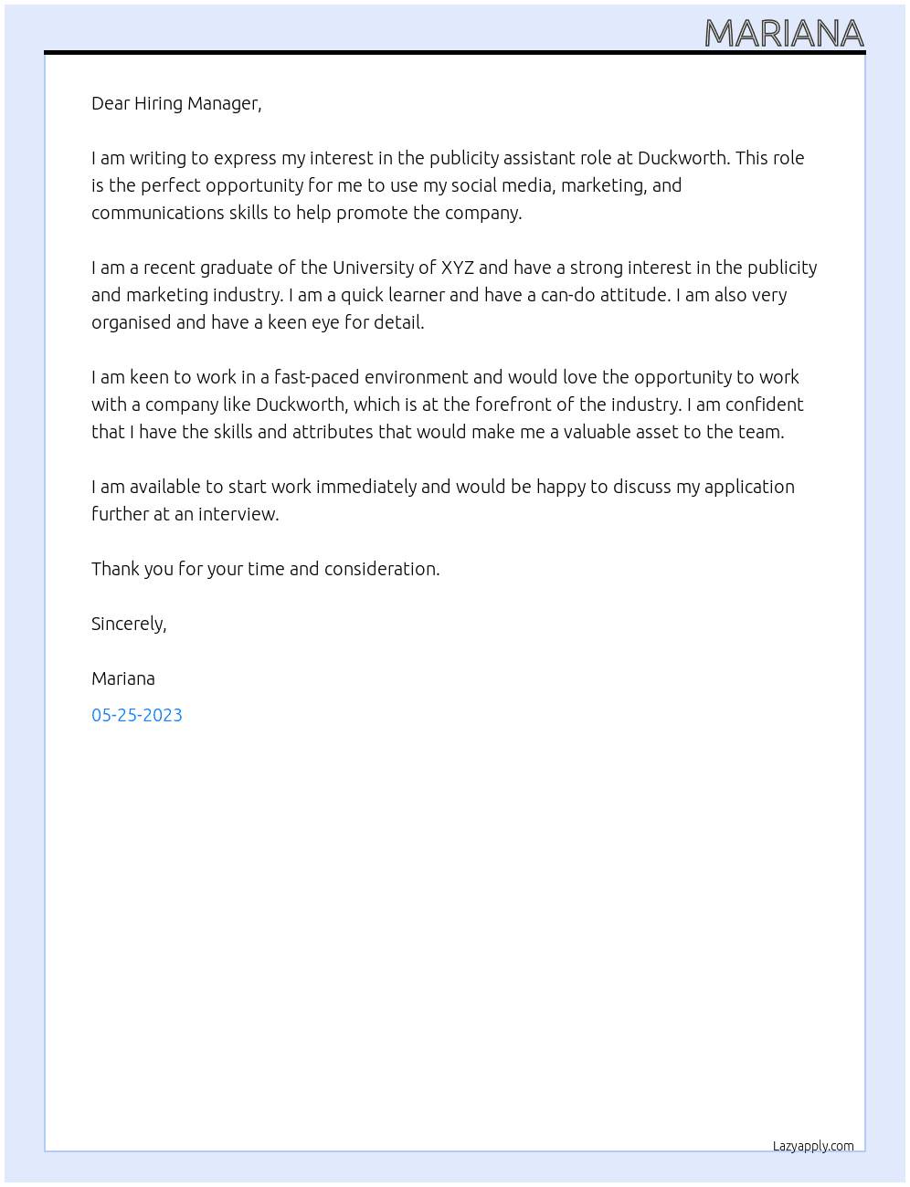 publicity assistant At Duckworth Cover Letter