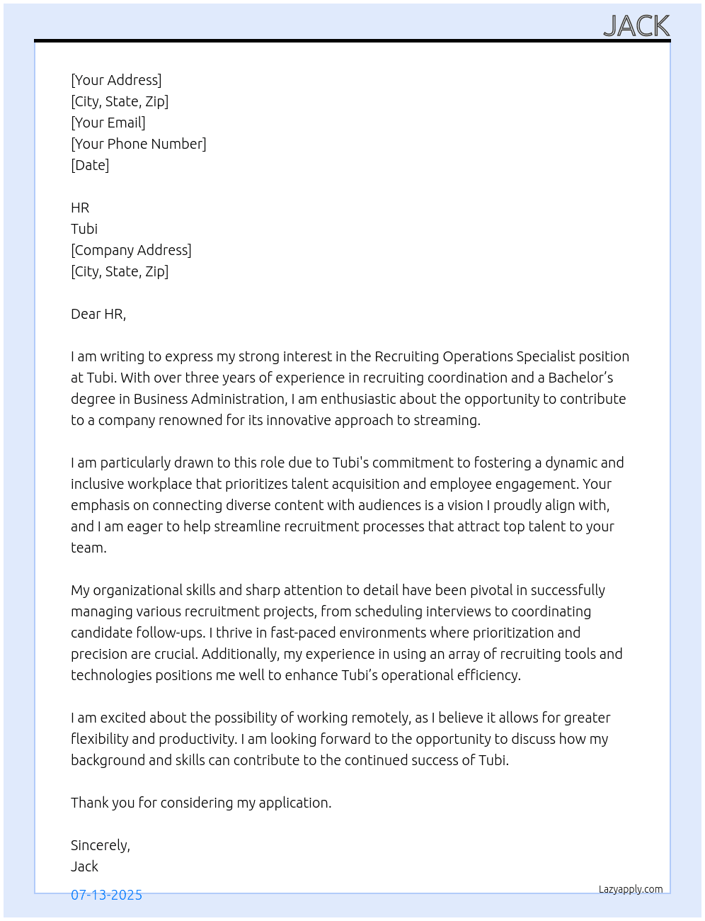 Recruiting Operations Specialist At Tubi Cover Letter