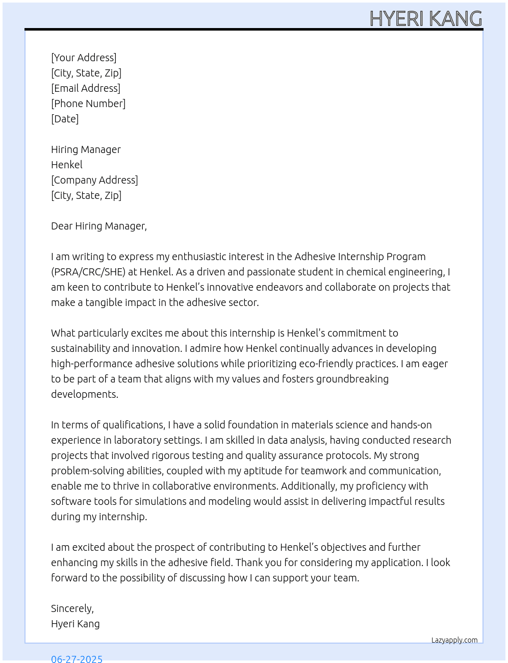 Adhesive Internship Program - PSRA/CRC/SHE At Henkel  Cover Letter