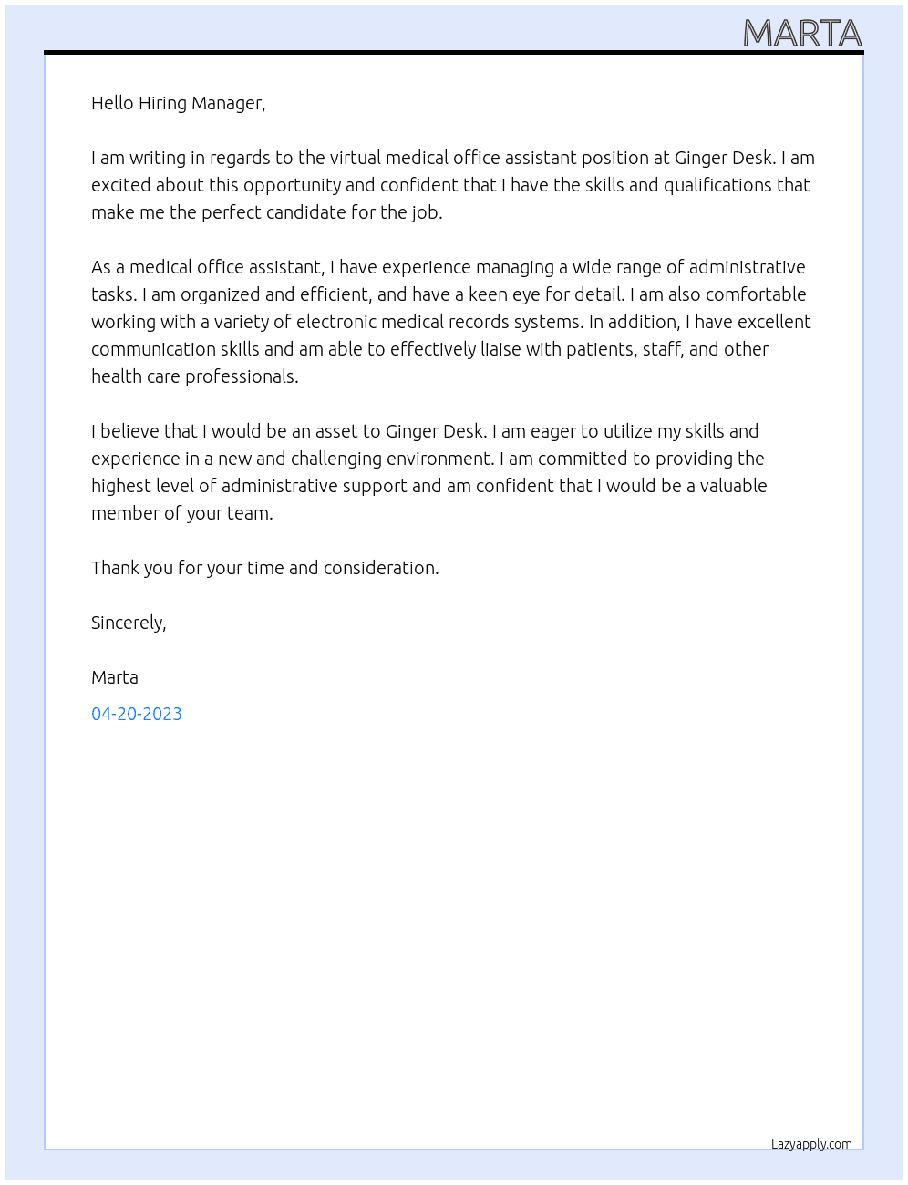 virtual medical office assistant At Ginger Desk Cover Letter